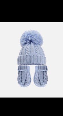 Baby Jungen Mädchen Unisex Winter Zopfmuster Twist Bommel Strickmütze Fäustlinge 0-24M