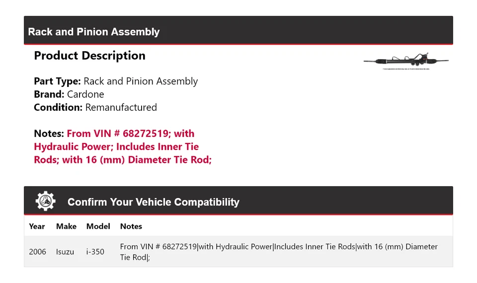 Montaje de piñón y bastidor Isuzu i-350 2006 cartón Foto 2 de 4