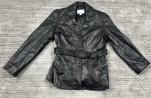 Chaqueta Worthington para mujer pequeña negra de cuero genuino con cinturón a presión - Imagen 1 de 13