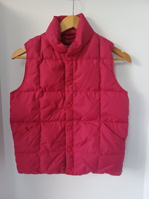Lands End Womens Medium Down Filled Puffer Vest Button Up Magenta Pink Mock Neck