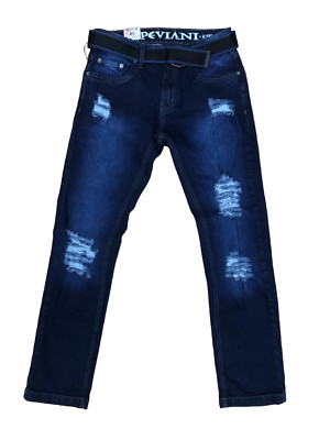 Herren Ripped Denim Jeans Peviani Tapered Fit dunkelblau mit Gürtel Jeanshose W30