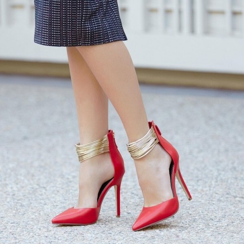 Coral Red Gold Ankle Strap Heels Women Pointed Toe Stiletto Heels Pumps  Shoes | eBay