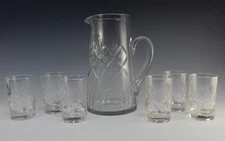 Vintage Clear Glass Set of Pitcher and 6 Juice Glasses