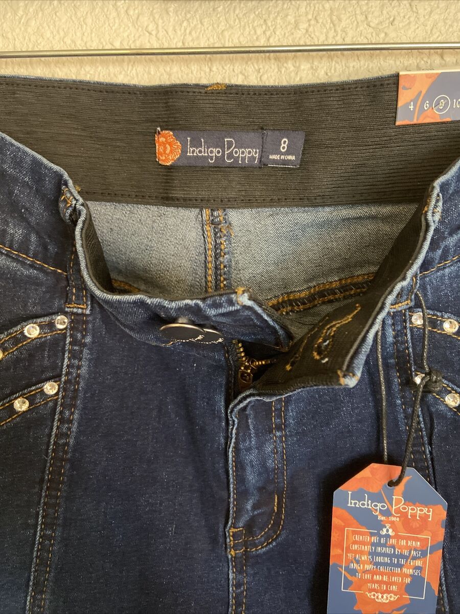 Indigo Poppy Women's Jeans Rhinestone Tummy Control Blue Indigo Poppy Women's Jeans Rhinestone Tummy Control Blue
