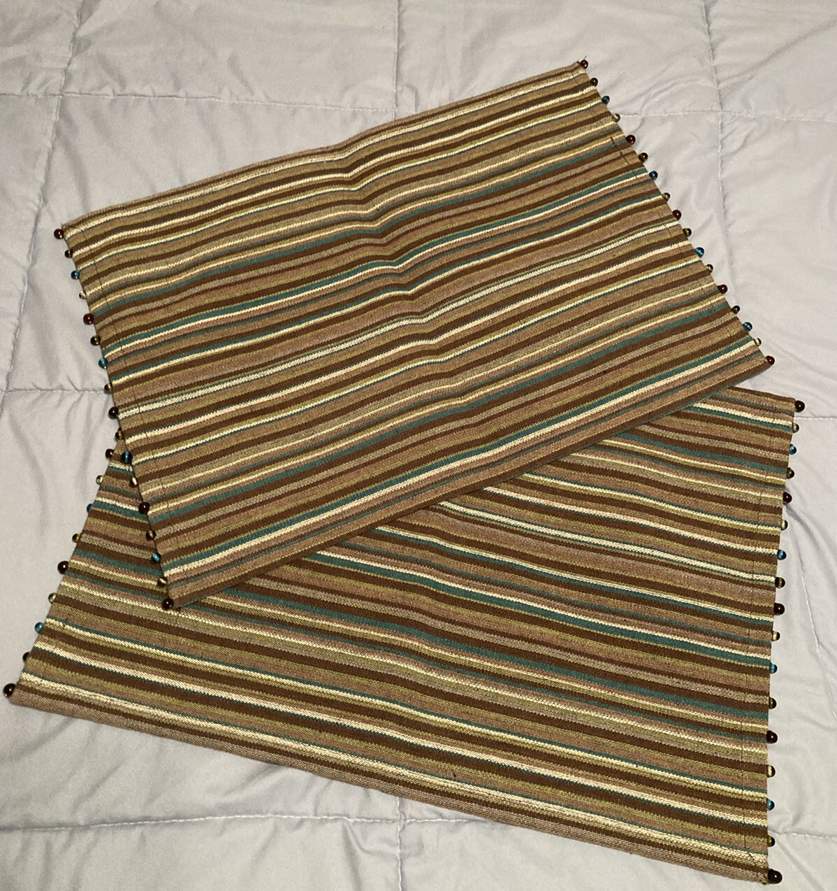 Pr. Pier 1 Stripe 100 Cotton Beaded Table Mats/Placemats 14” x 20