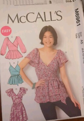 Misses V-Neck Mock Wrap Tops Sewing Pattern~UNCUT (Sizes 6-14) McCalls 6961