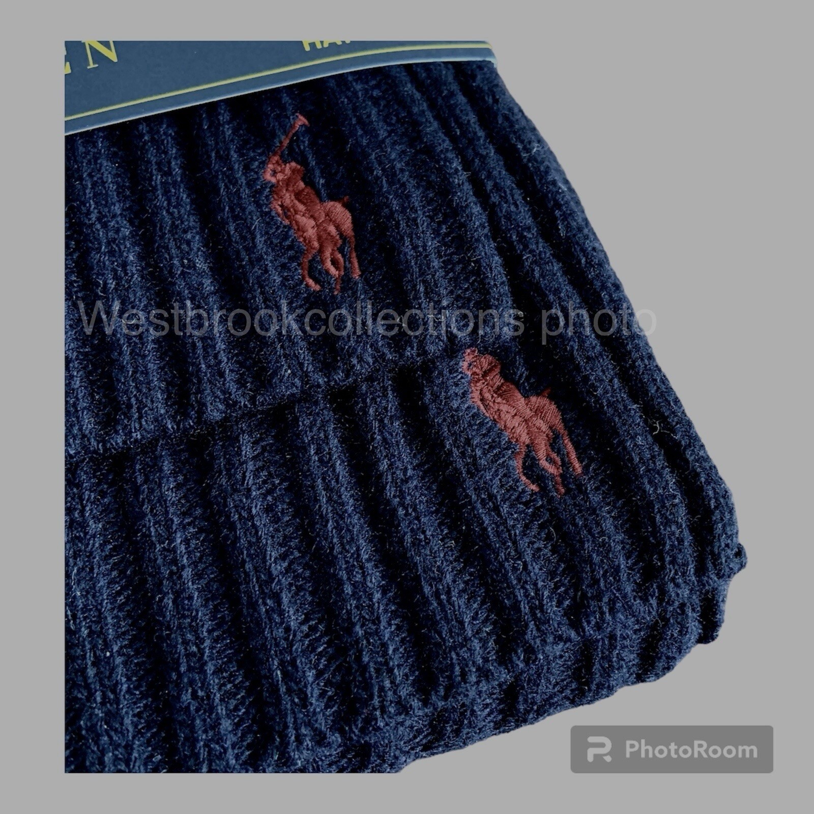 Autentico set sciarpa cappello Polo Ralph Lauren blu navy misto lana agnello logo pony