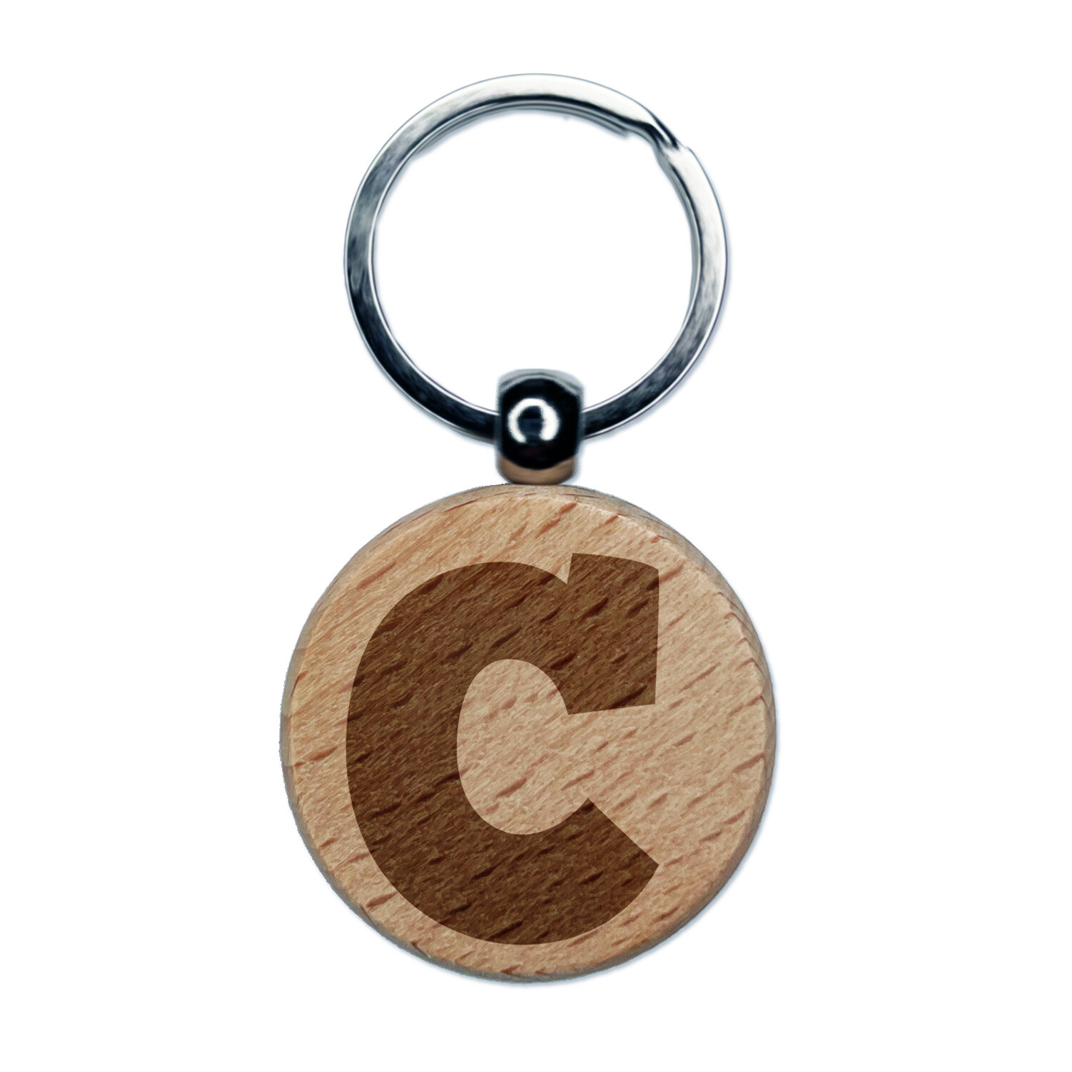 Letter C Uppercase Fun Bold Font Engraved Wood Round Keychain Tag Charm