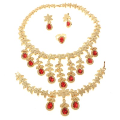 Gold Tone Gold Plated Metal Necklace Bracelet Earring Set HQX503-RED
