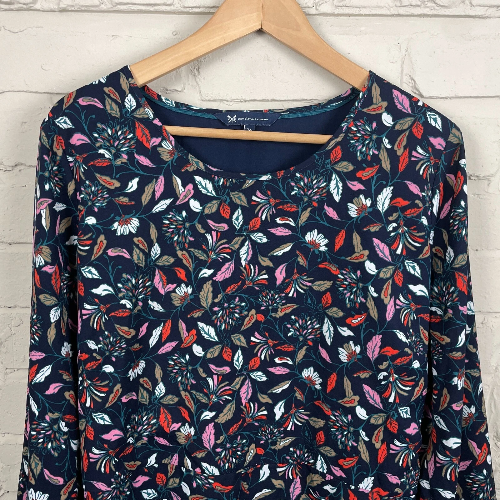 VETEMENTS Crew Clothing Shift Dress Midi Size UK 16 Navy Blue Floral Pattern 3 4 Sleeves