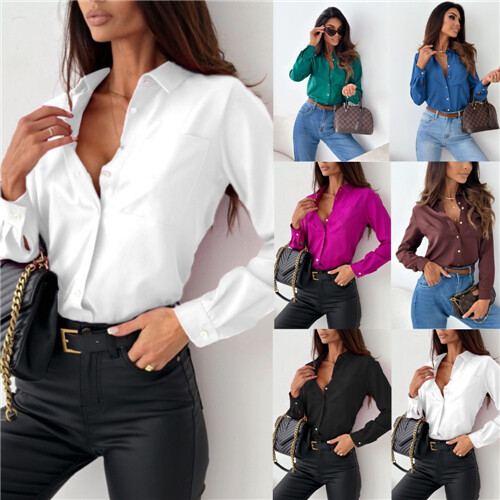 Womens Button Down Plain T-Shirts Blouse Ladies Long Sleeve Casual Pullover Tops