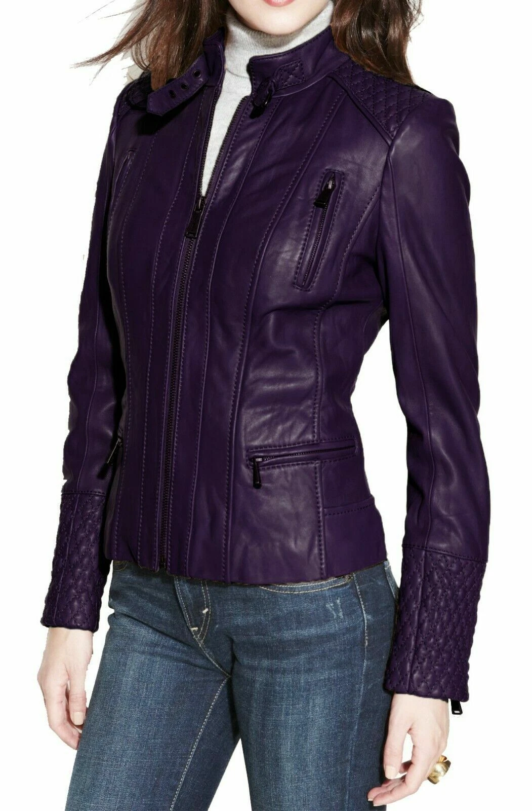 Women's Real Leather Purple Biker Jacket Soft Lambskin Stylish Casual Jacket