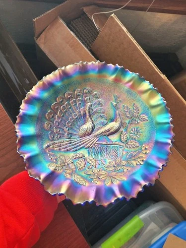 Pretty Blue Northwood Carnival Glass Peacocks on the Fence Stippled PCE Bowl