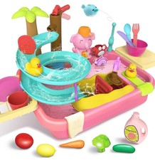 Play Sink with Running Water 4-in-1 Water Table Toy with Slide Track Blue