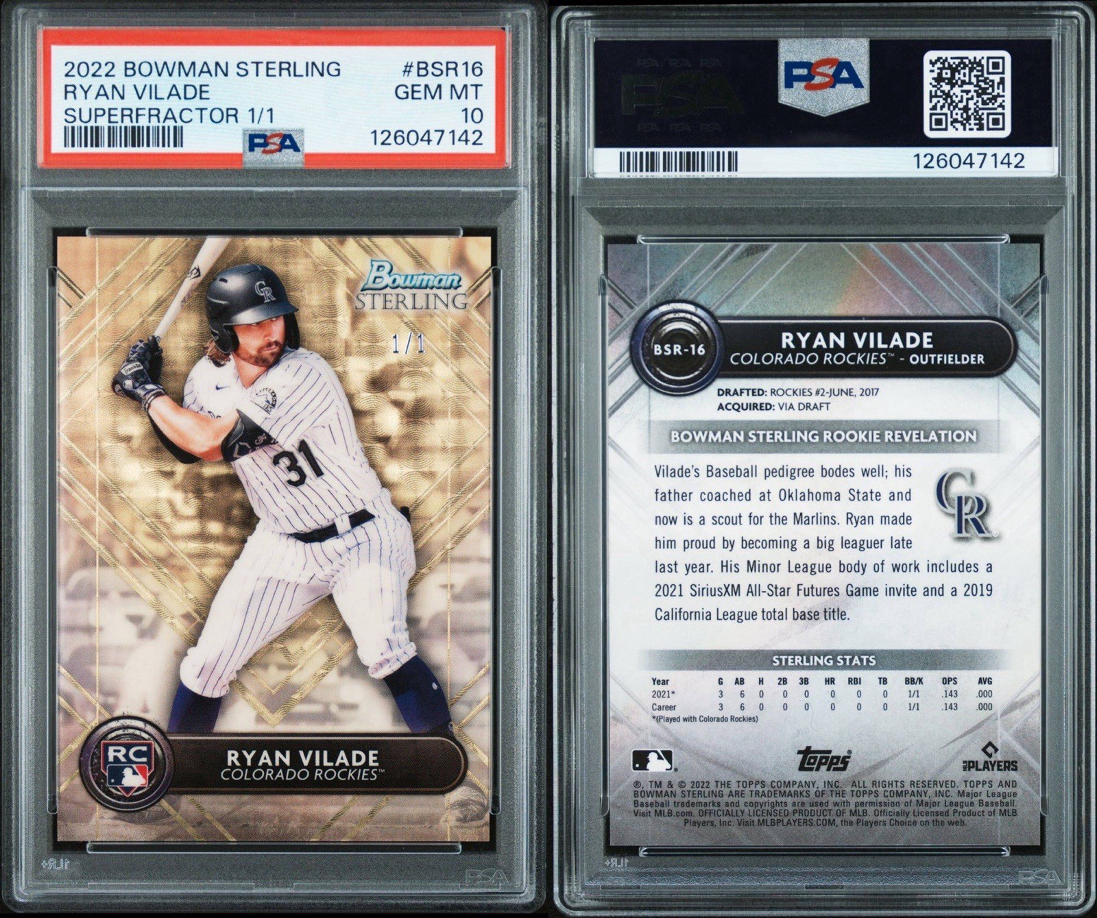2022 BOWMAN STERLING RYAN VILADE 1/1 SUPERFRACTOR POP 1 PSA 10 view 9