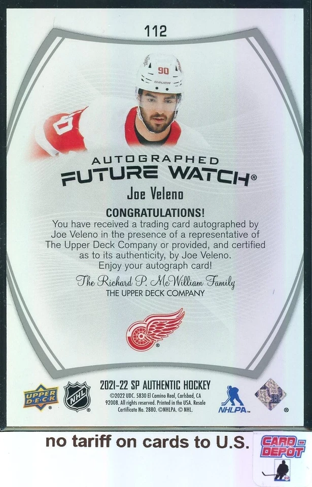 2021-22 SP Authentic Future Watch Autographs RC #112 Joe Veleno 807/999 - Image 2 of 2