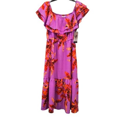 NWT Sofia Vergara Purple Orange Tropical Midi Dress Off Shoulder Ruffle M