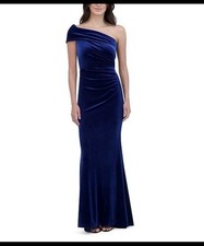 NWT $198 ELIZA J One-Shoulder Stretch-Velvet Gown Royal Blue Size 4