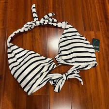 Ralph Lauren Bikini Swim Top Striped Black White Halter Triangle New NWT Size 14