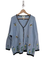 Vintage Quacker Factory Blue Floral Bumble Bee Floral Cardigan Sweater 1X