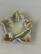 Vintage German Porcelain Ashtray w Holder Iridescent Floral Dish EU