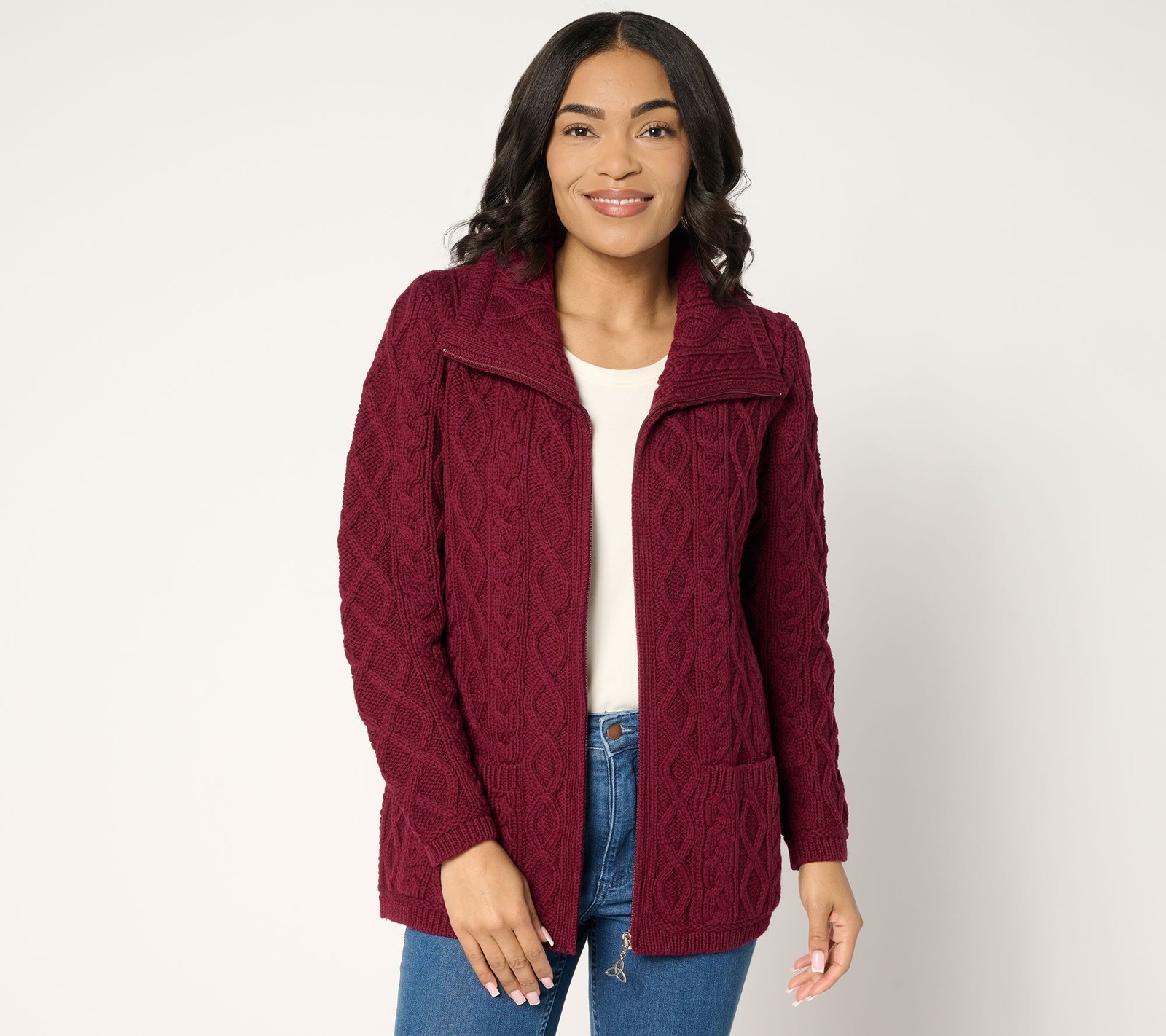 Aran Crafts Women's Top Sweater Sz S Merino Wool Zip-Front Pockets Red A679660