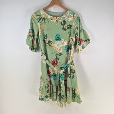Indikah dress womens size 8 shift green floral short sleeve belt 128880