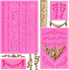 Rainmae 4 Pcs Baroque Fondant Silicone Molds, Relief Flower Lace Style 5 