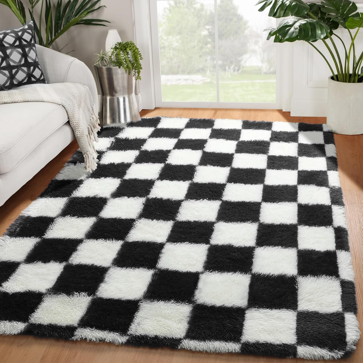 Area Rugs for Bedroom Living Room, 4X6 Black and White Fluffy Soft Checkered Rug
