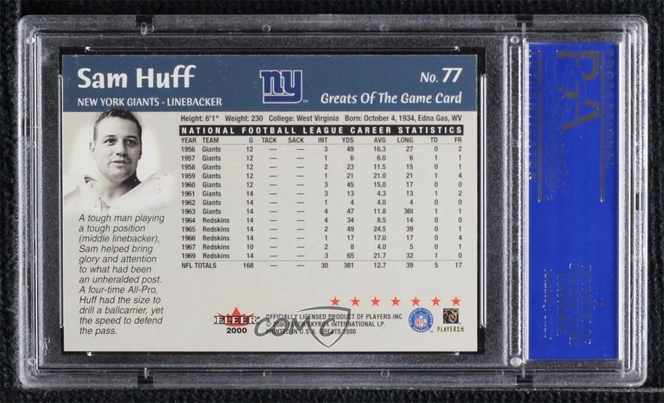 2000 Fleer Greats of the Game Sam Huff #77 PSA 9 MINT HOF - Image 2 of 2