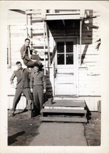 WW2 Photo Of 3 US Army Soldiers Posed By Wooden Barracks Stair
