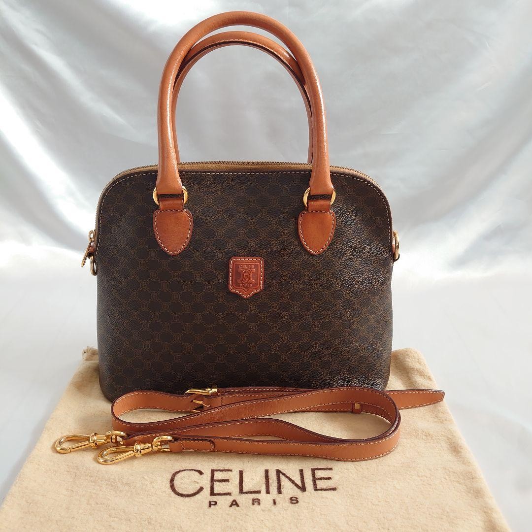 Celine Macadam Pattern 2Way Handbag Brown Leather Vintage Excellent Condition