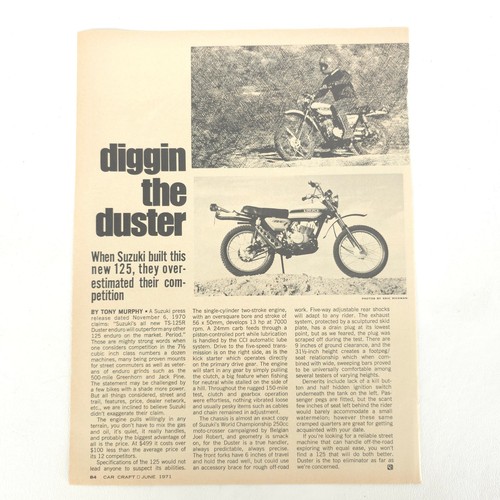 Vintage 1971 Suzuki TS125 Duster Motorcycle Print Ad Dirt Bike Collector Display