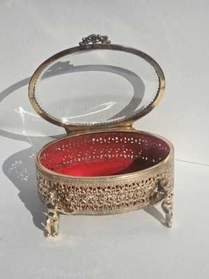 Vintage Ormolu Angel Cherubs Ornate Filigree Oval Jewelry Box MCM Hollywood Rege