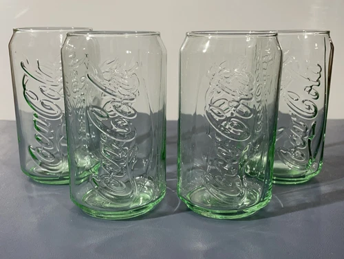 Vintage Coca Cola Collectible Can-Shaped Drinking  Glass Green Tint Set of 4