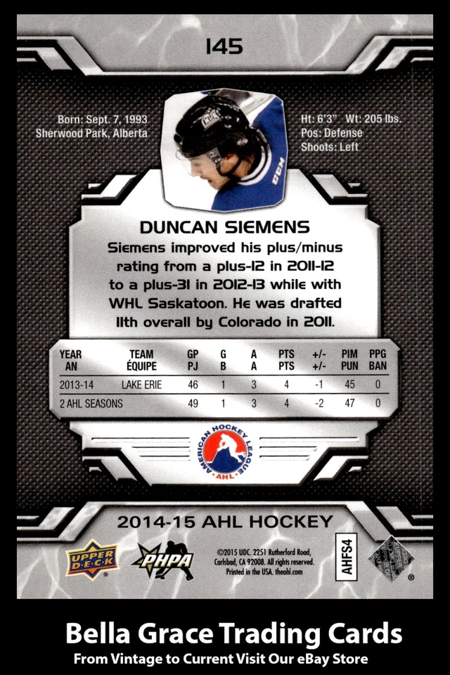 2014-15 Upper Deck AHL Duncan Siemens #145 Lake Erie Monsters NHL Hockey - Image 2 of 2
