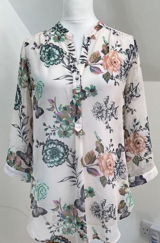 Wallis Chiffon Blouse Light Pink Blue Floral Butterfly Print Size S Button Up