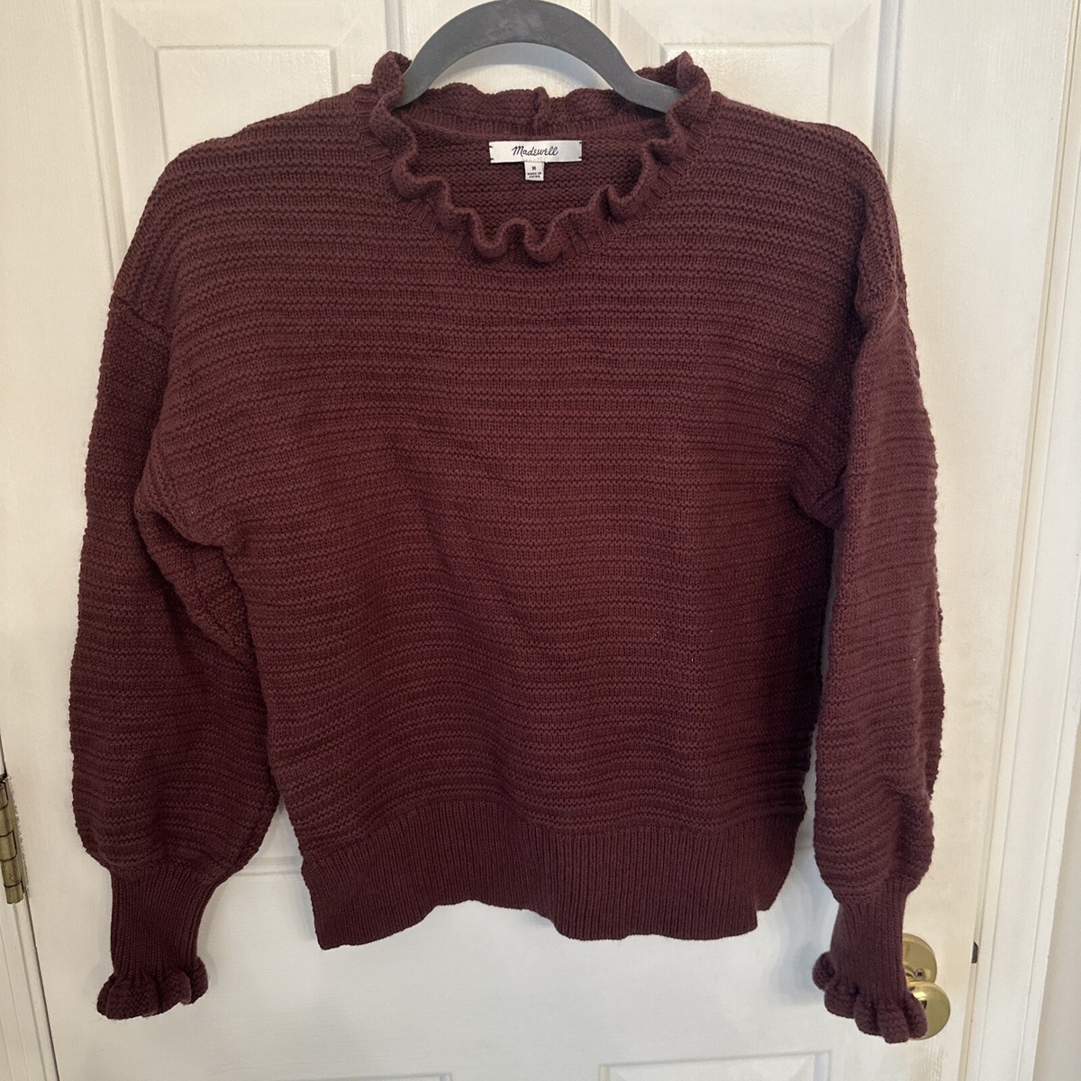 Madewell Ruffle Neck Sweater Women's Medium Vintage Mulberry Cotton Merino  Wool