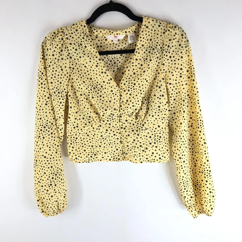 Top Levis Sophia para mujer Ditsy floral botón delantero manga abullonada cuello en V amarillo XS Foto 3 de 4