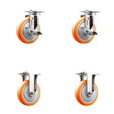 5 Inch 316SS Orange Polyurethane Swivel Top Plate Caster Set 2 Brake 2 Rigid SCC