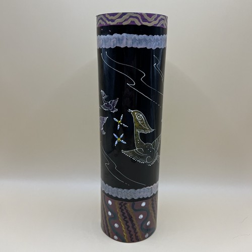 Wooden Hand Painted Black Tube Vase 10” Tall Brids Fine Craft Decor - Picture 2 of 10