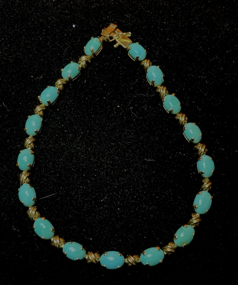 14K 金手镯 自然睡眠 美女 TURQUOISE 墨西哥宝石 7.75L — 第 2/4 张图片