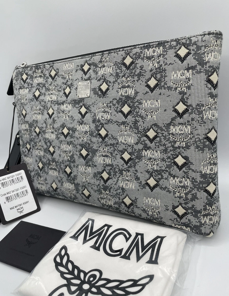 NWT MCM Grey Jacquard Visetos Pouch Clutch Bag Wallet Wristlet Limited  Edition