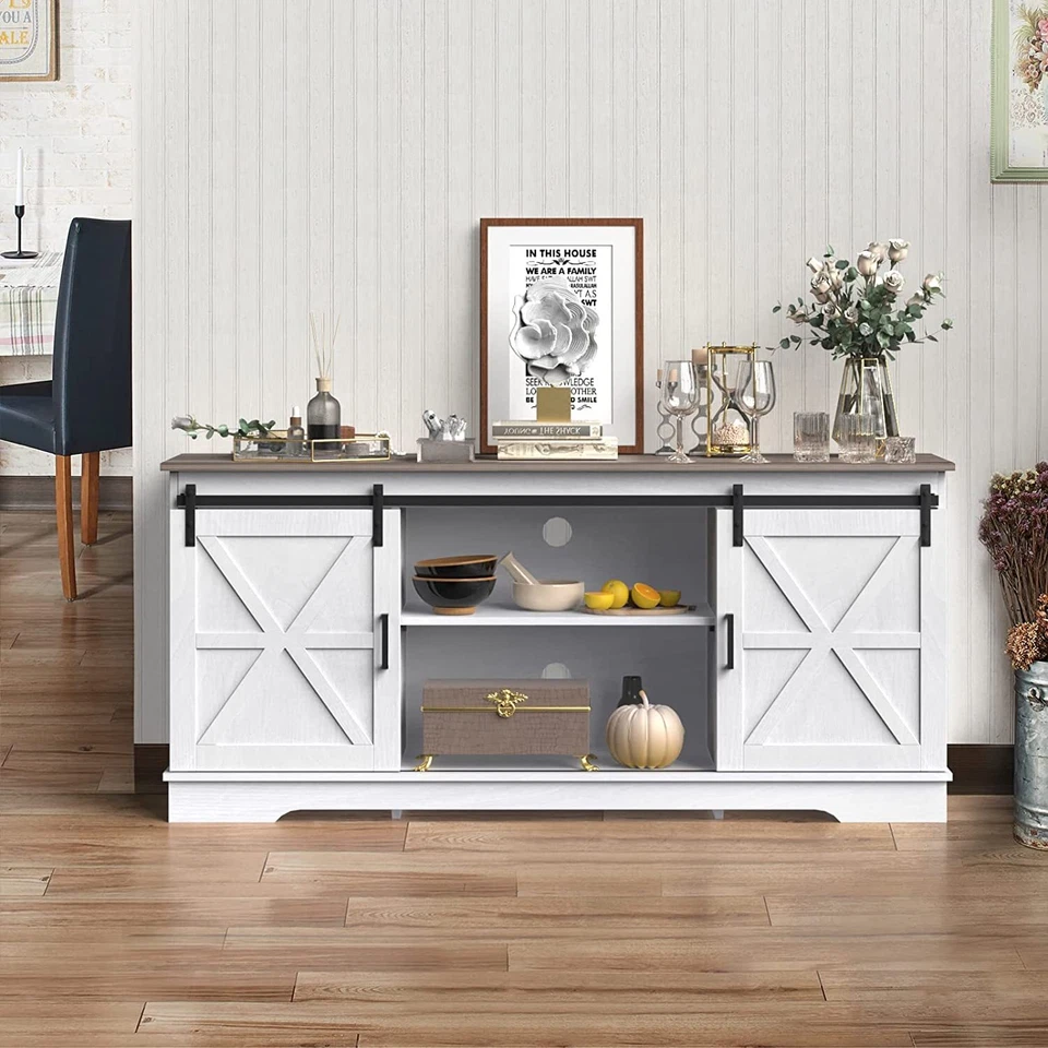 59" Farmhouse Kitchen Buffet Cabinet Sideboard Coffee Bar w/ Sliding Barn Door - Image 2 of 4
