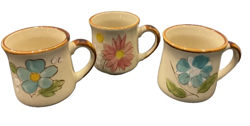 3 Vintage SUNNY KOREA Stoneware #21100 Hand-painted Blue Pink Flower Coffee Mugs