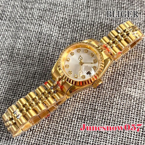 Bliger 26mm Gold Case Automatic NH05 Movement Lady Watch Jubilee Sapphire Glass - Picture 30 of 32