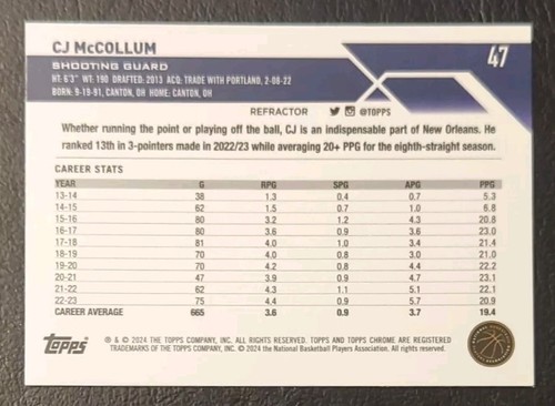 2023-24 Topps cromo CJ McCollum refractor paralelo #47 - Imagen 2 de 2