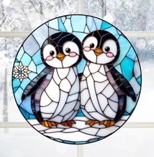 Penguins Faux Stained-Glass WINDOW CLING Sun-catcher 8" Round Vinyl