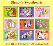 Palau 1996 Disney Films Lions Chats Chiens Renards Lapins Amour Coeurs sht MNH