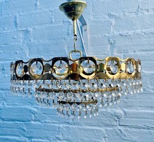 Petite French Vintage Semi Flush Crystal Tiered Chandelier Light, Brass, 13.5" w